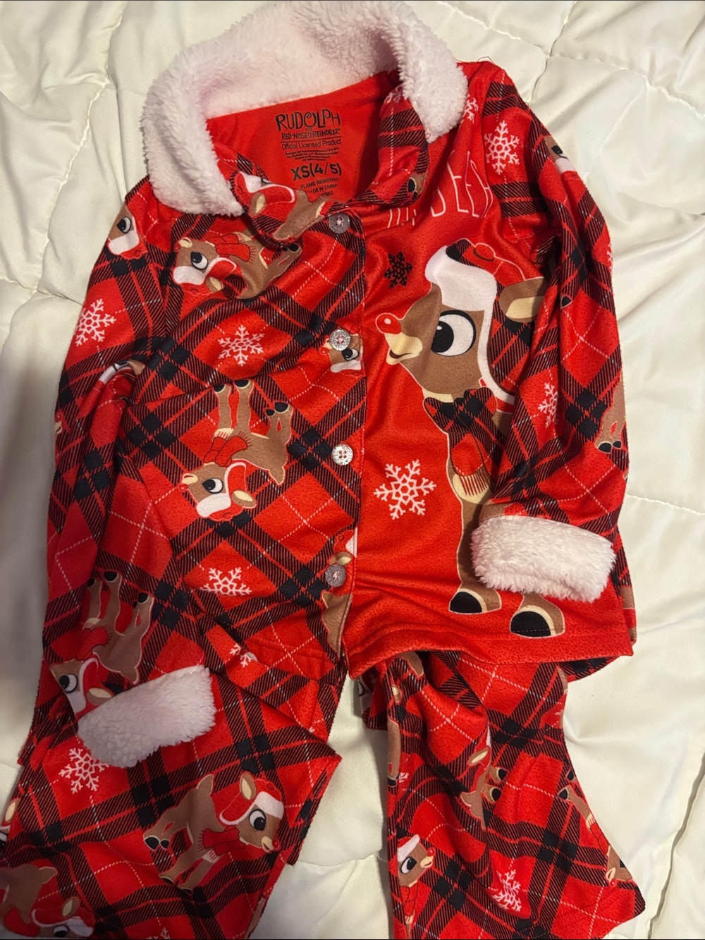 Rudolph Red Plaid Kids Fleece Pajama Set